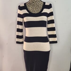 PINK ROSE Striped Scoop Neck Knit Dress in Navy and Cream